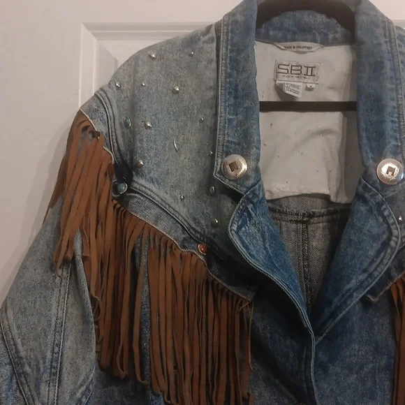 SB ll by Bitterman leather fringe Denim Jacket Vintage BOHO small - Picture 4 of 15